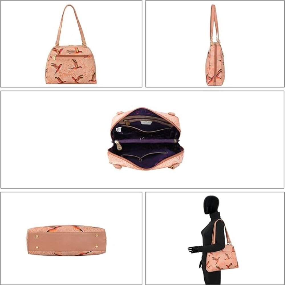 Anuschka Women’s Original Genuine Leather Birds Peach Hand-Painted Satchel NEW - Picture 5 of 7